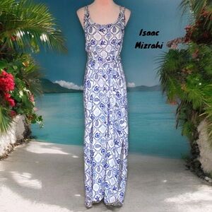 ISAAC MIZRAHI NWT LINEN BLEND LONG DRESS BEACH WEAR MEDIUM FISH PRINT